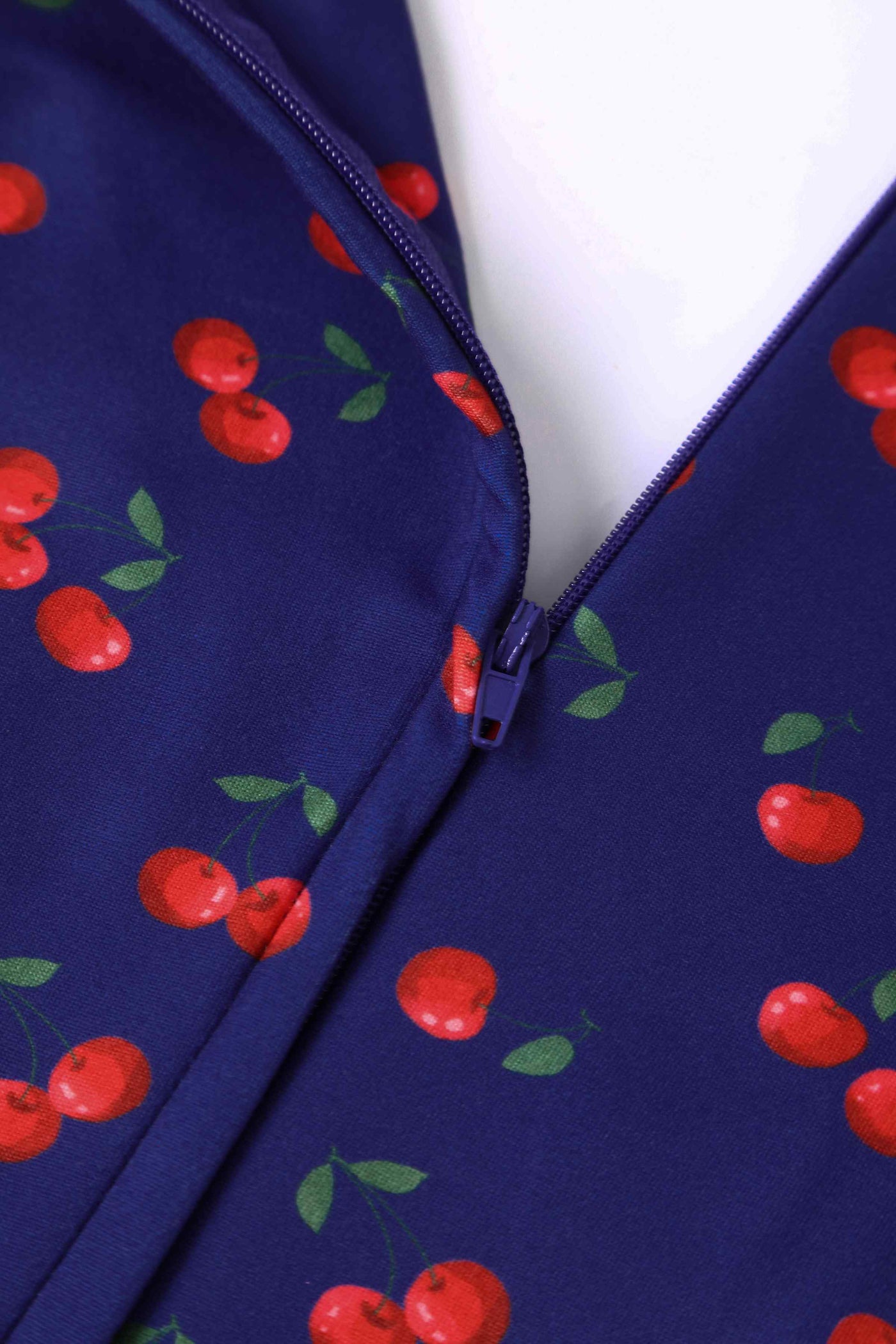 Close up View of Cherry Print Tea Dress in Navy Blue
