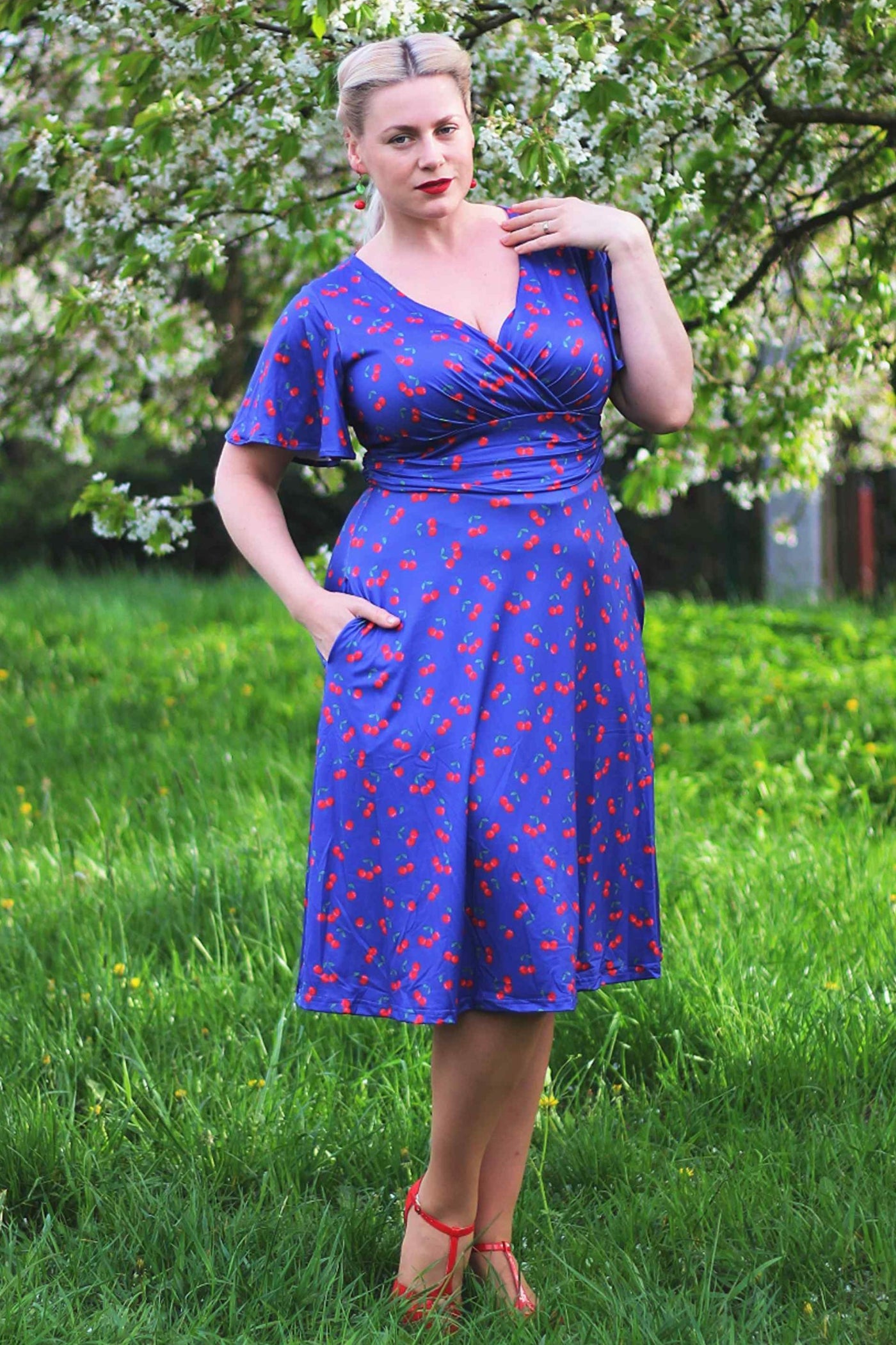 Navy Blue Tea Dress in Cherry Fruit Print