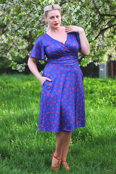 Navy Blue Tea Dress in Cherry Fruit Print