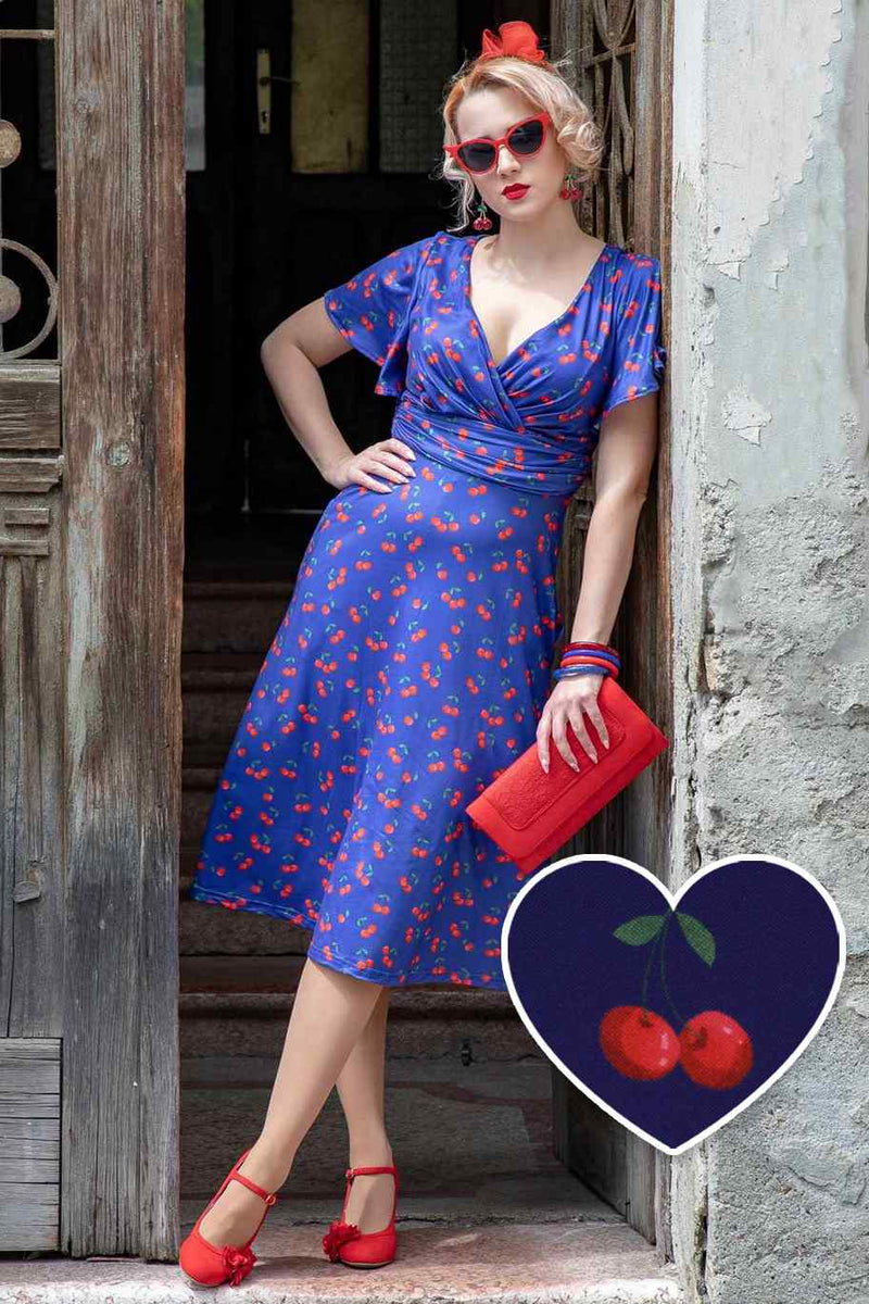 Donna Navy Blue Tea Dress in Cherry Fruit Print Donna Navy Blue Tea Dress in Cherry Fruit Print