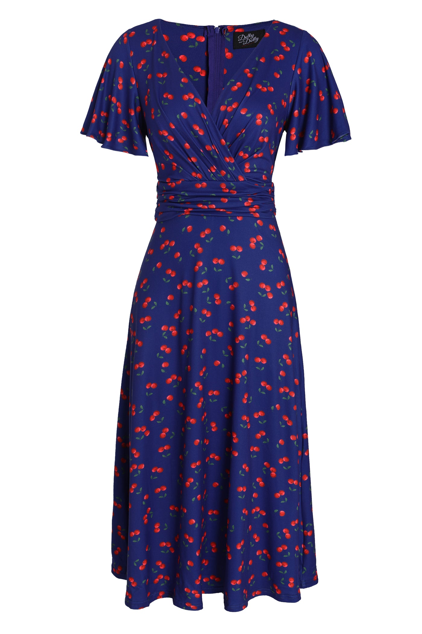 Donna Navy Blue Tea Dress in Cherry Fruit Print