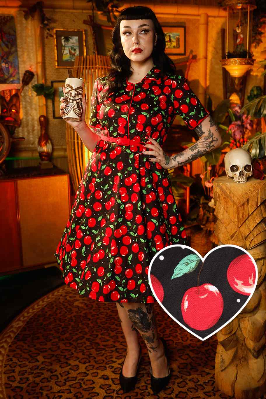 A model wearing cherry shirt dress
