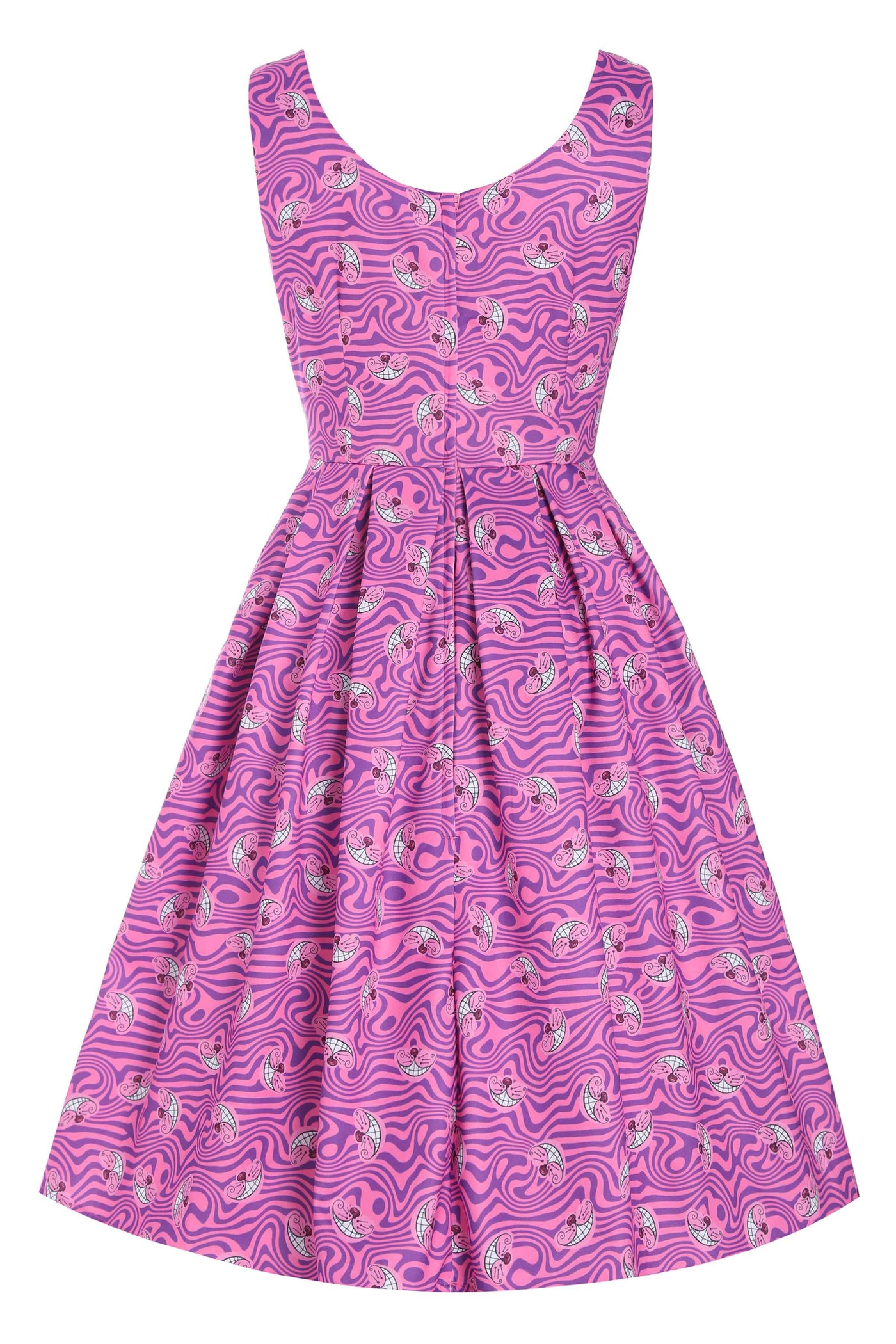 Back view of Cheshire Cat Print Swing Dress in Pink