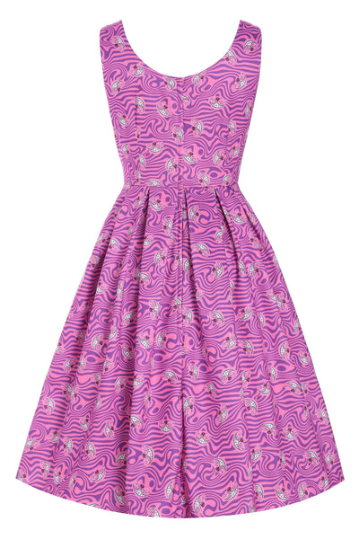 Back view of Cheshire Cat Print Swing Dress in Pink