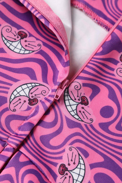 Close up view of Cheshire Cat Print Swing Dress in Pink