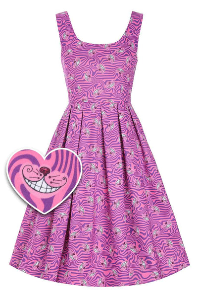 Front view of Cheshire Cat Print Swing Dress in Pink