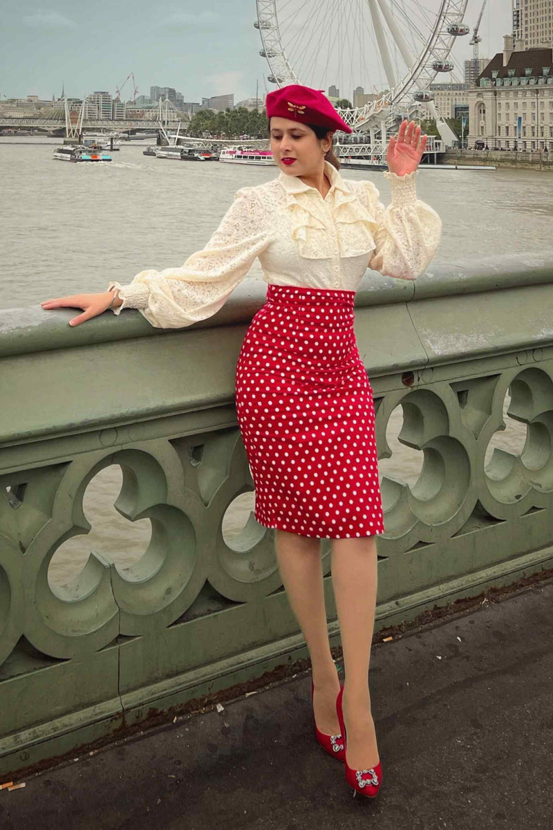 Falda Chic Vintage Inspired Pencil Skirt in Red Polka Print - 8