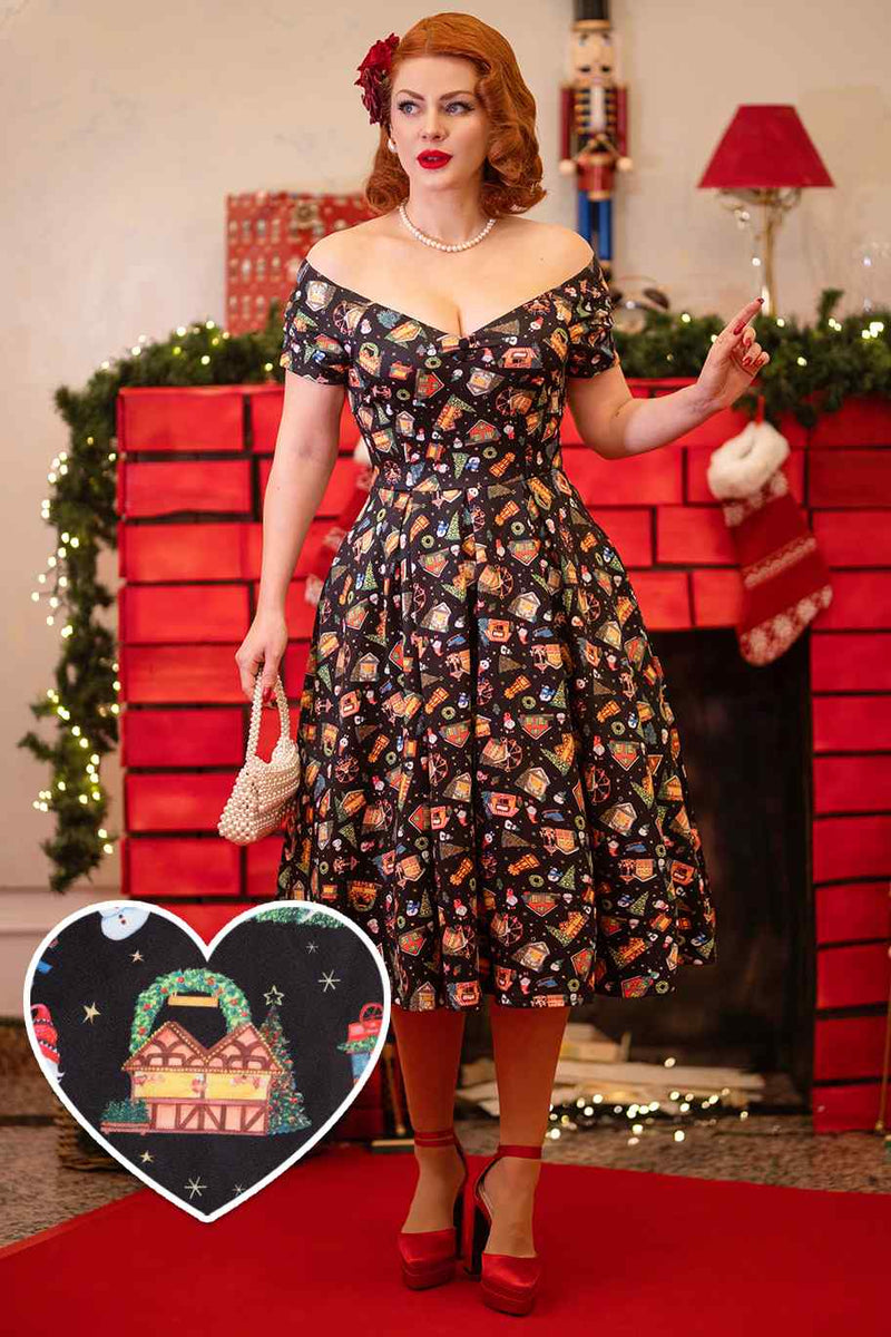 A model wearing a Christmas Fair Off Shoulder Dress