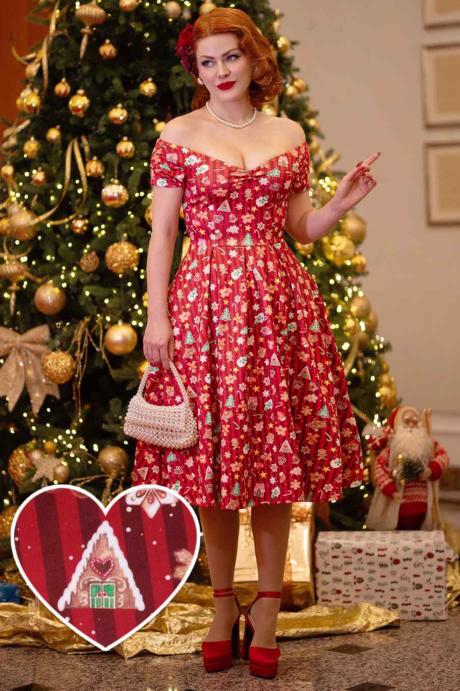 A lady wearing a Christmas Gingerbread Cookie Off Shoulder Dress