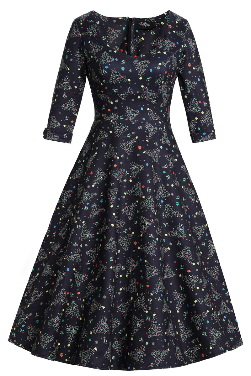 Front view of Christmas Light Midi Dress In Black