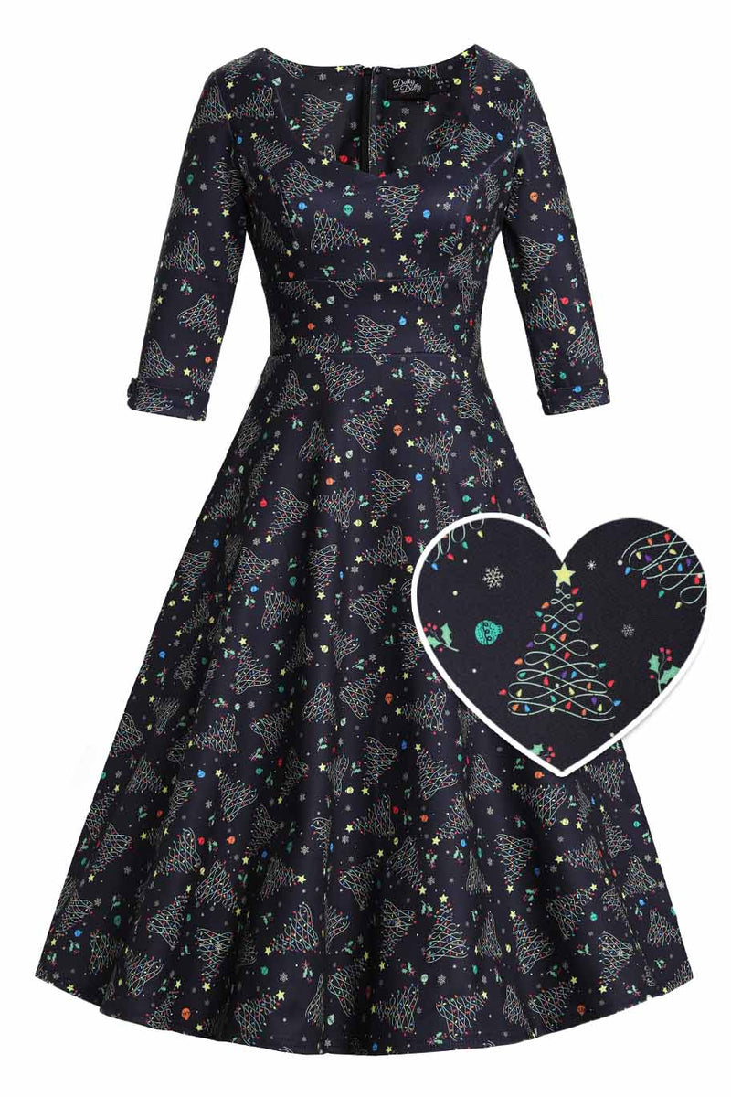 Front view of Christmas Light Midi Dress In Black