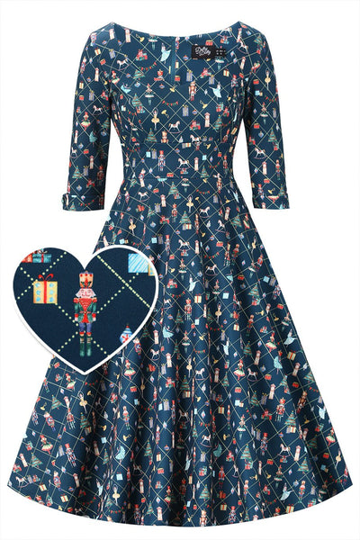 Christmas Nutcrackers Midi Dress In Navy Blue