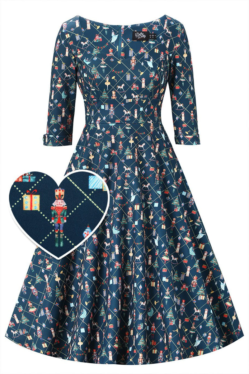 Christmas Nutcrackers Midi Dress In Navy Blue