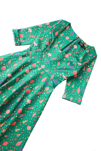 Close up view of Christmas Tree Green Midi Dress