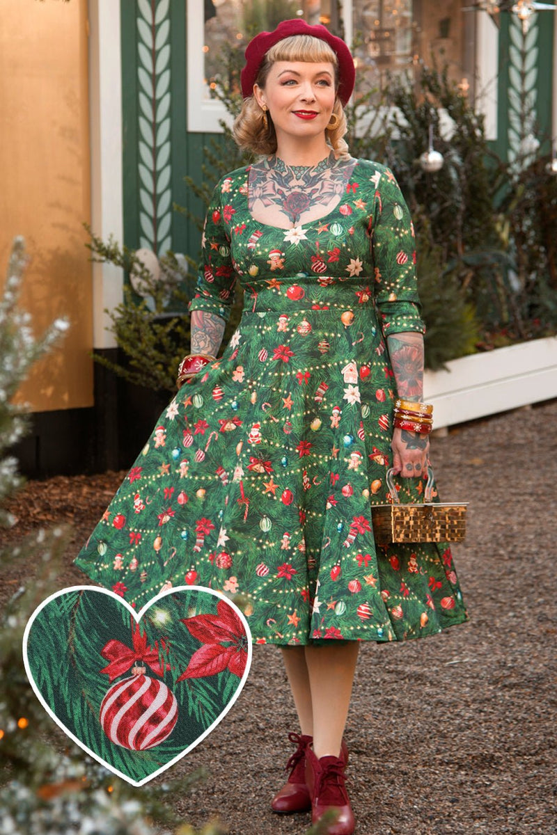 Front view of model wearing Christmas Tree Long Sleeved Dress