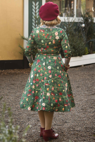 Back view of model wearing Christmas Tree Long Sleeved Dress
