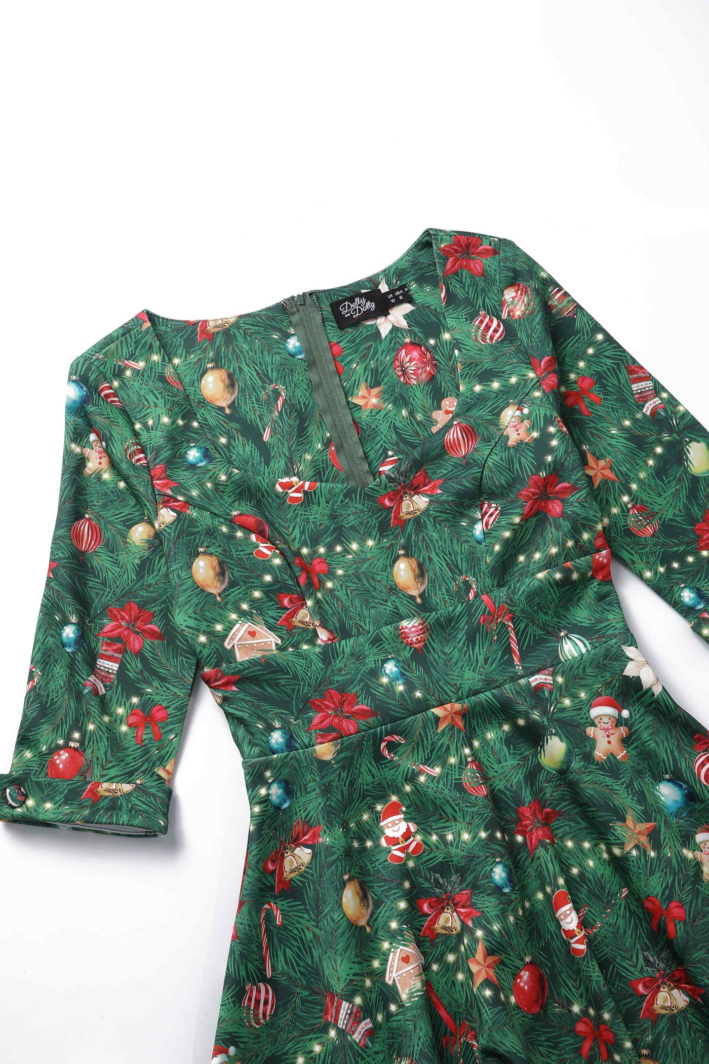 Close up view of Christmas Tree Long Sleeved Dress