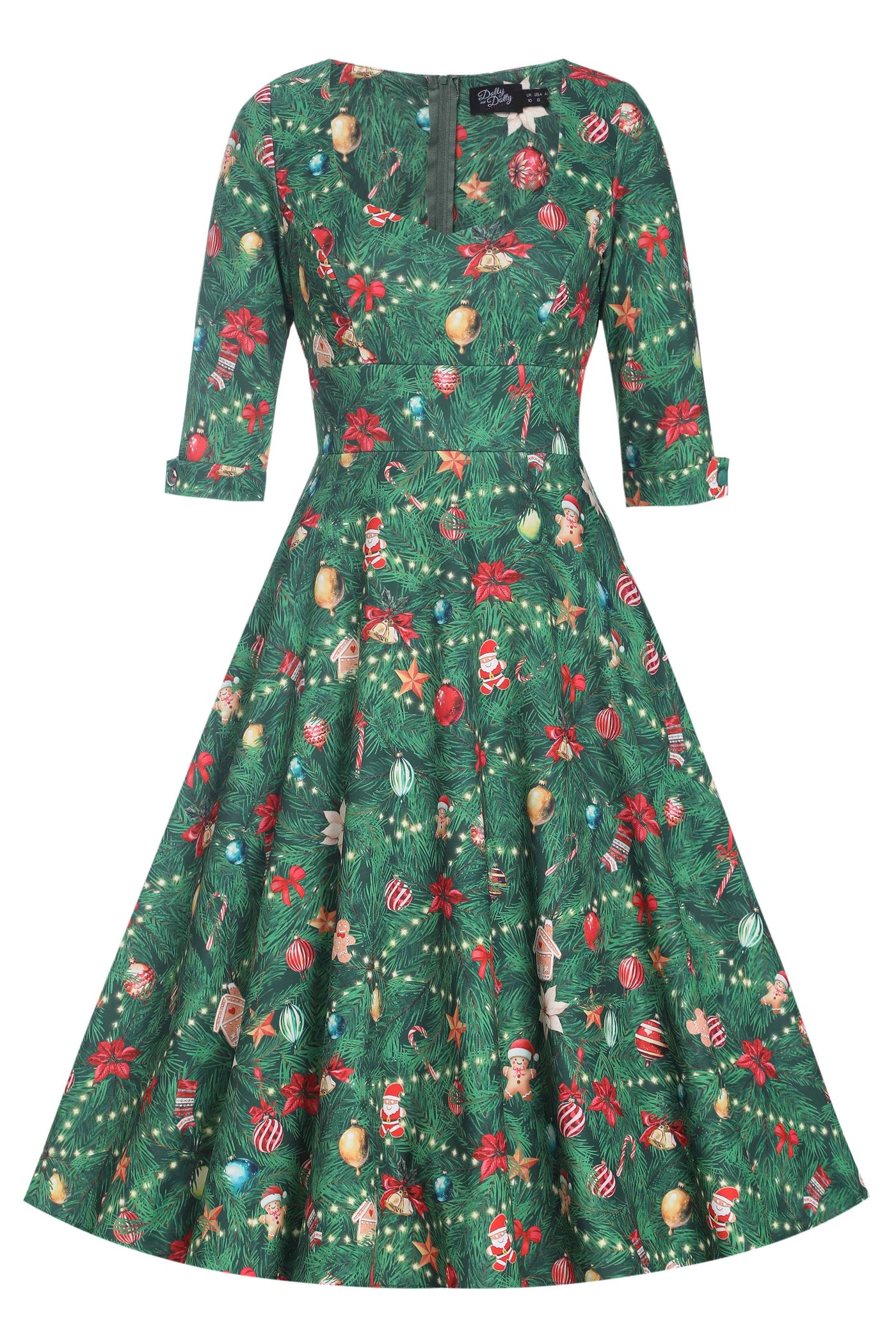 Front view of Christmas Tree Long Sleeved Dress