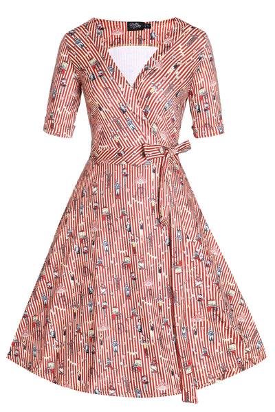 Front view of Circus Red Striped Wrap Dress