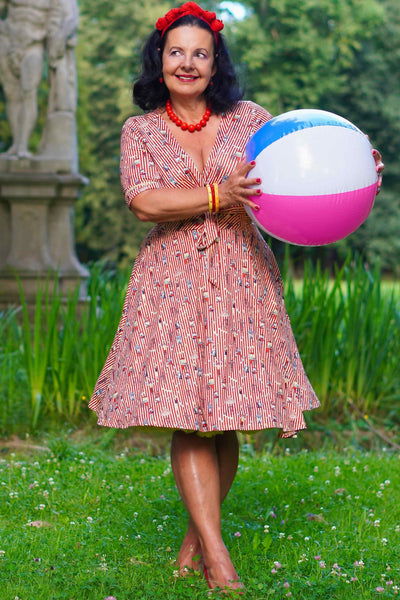 Model wearing a Circus Red Striped Wrap Dress