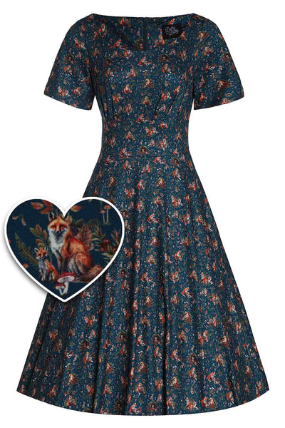 Front View of Classic Fox Den Print Flared Dress