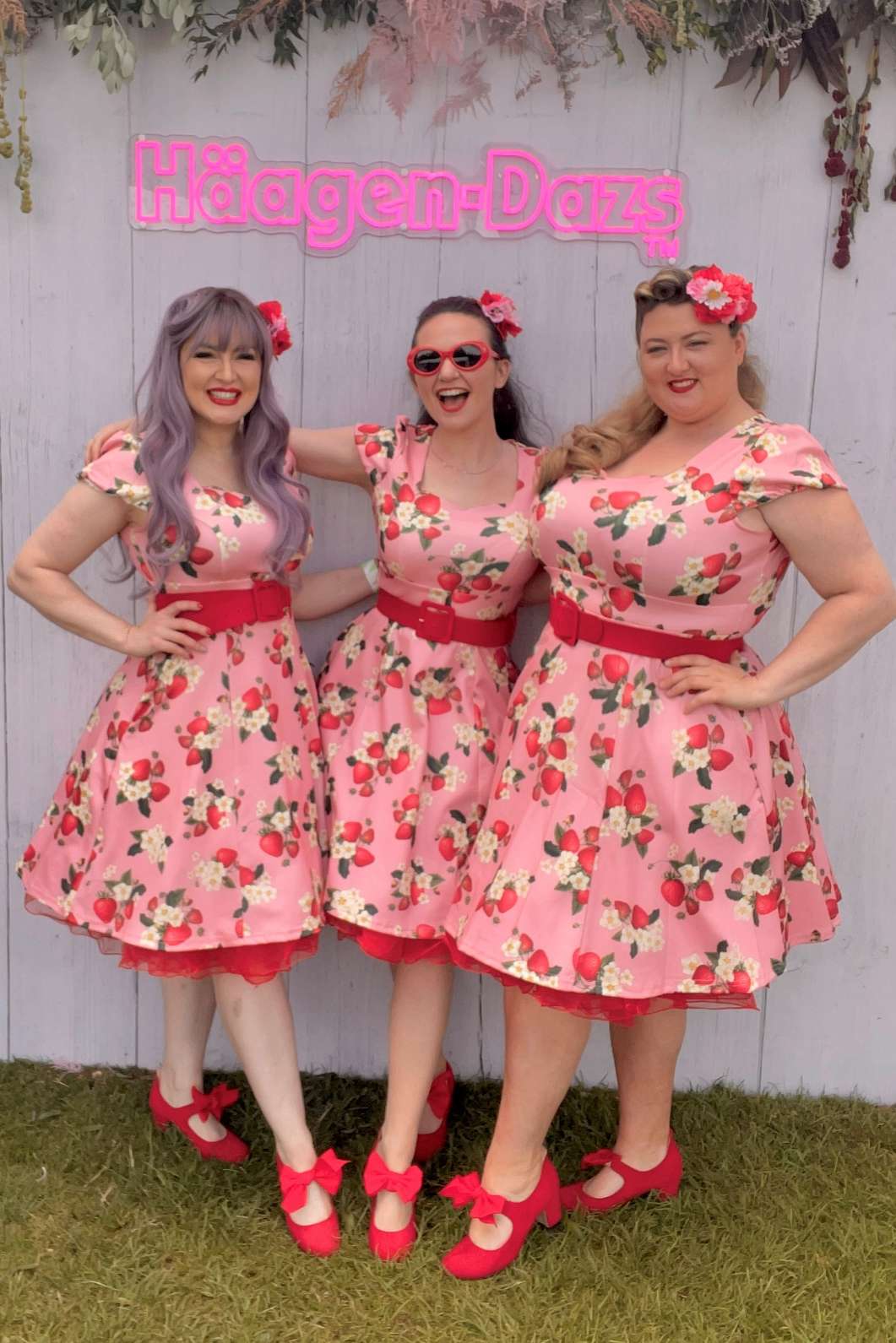 Girls wearing the Claudia 50s Style Vintage Inspired Pink Strawberry Dress
