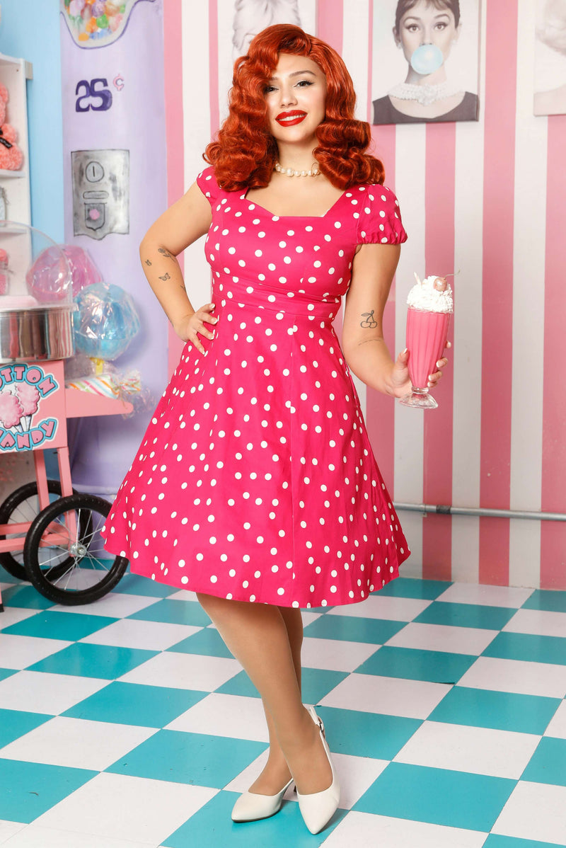Claudia Hot Pink Polka Dot Fifties Sleeved Dress by Dolly and Dotty
