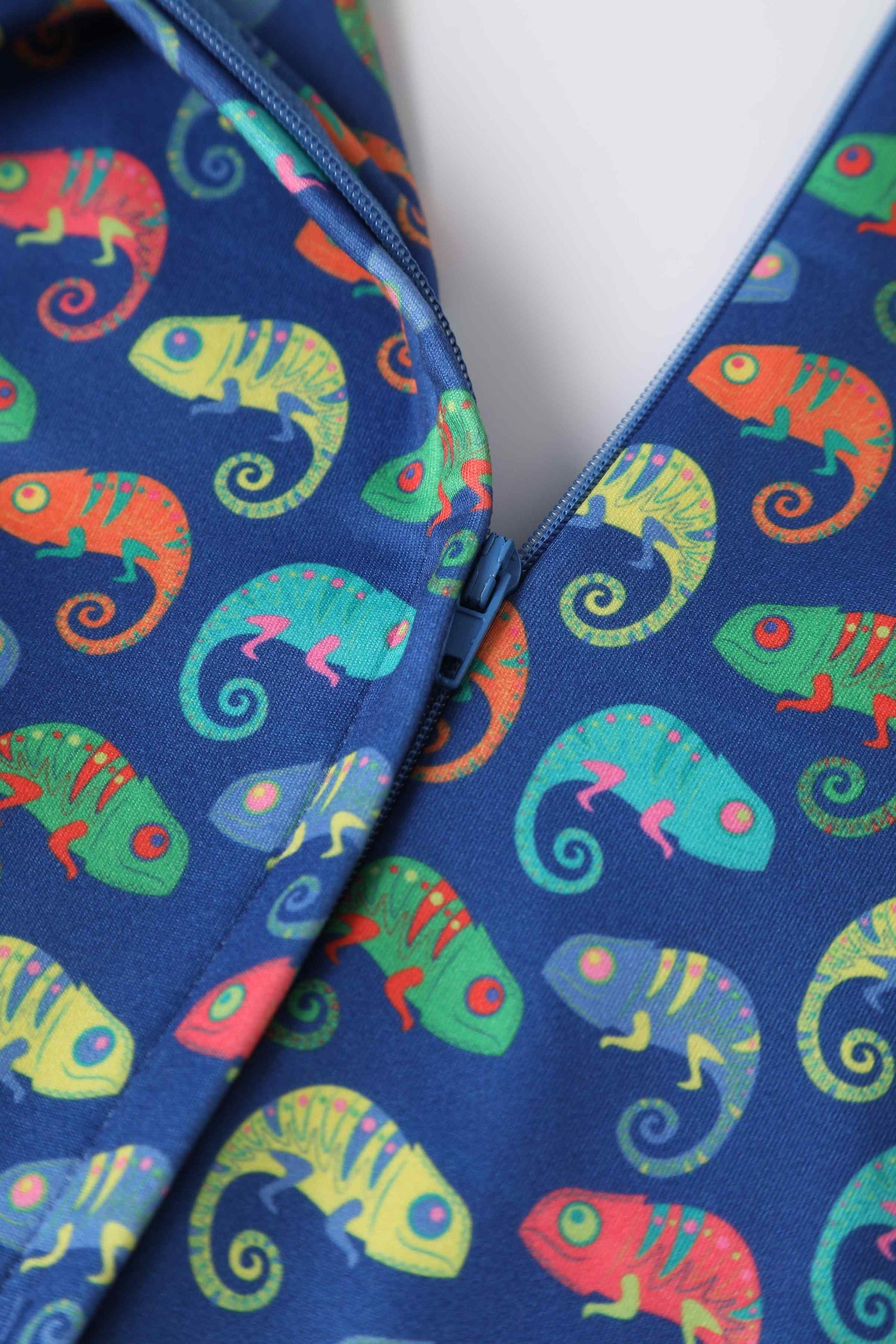 Close up view of Colourful Chameleon Jumpsuit In Blue