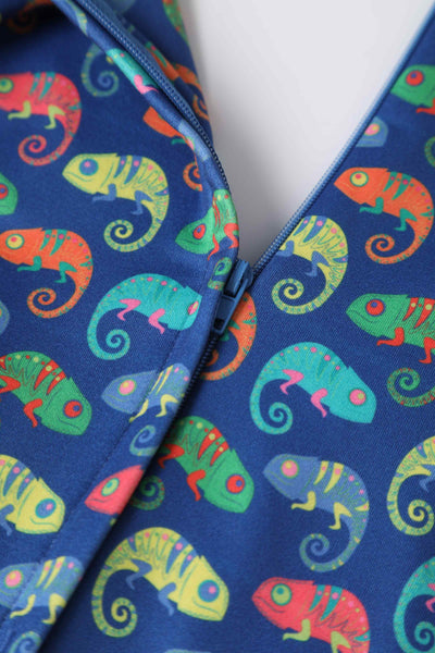 Close up view of Colourful Chameleon Jumpsuit In Blue