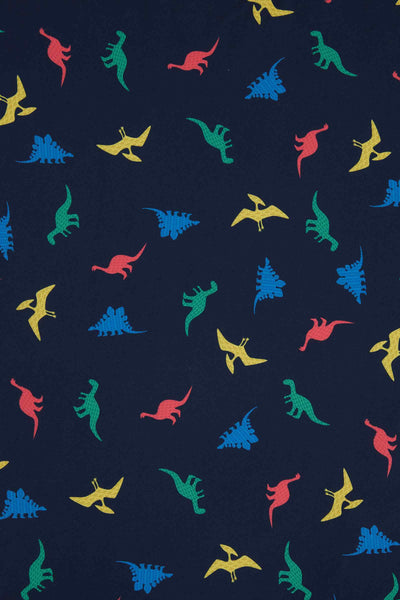 Close Up View of Colourful Dinosaur Print Midi Dress in Navy Blue