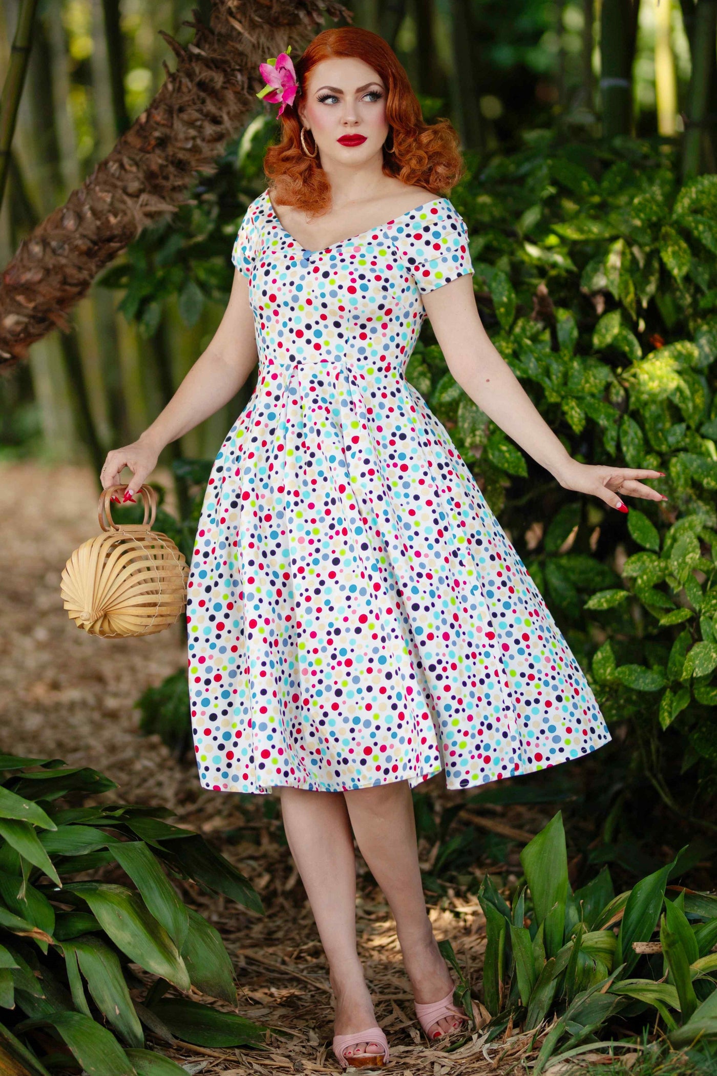 A lovely model wearing a Colourful Polka Dot Off Shoulder Dress