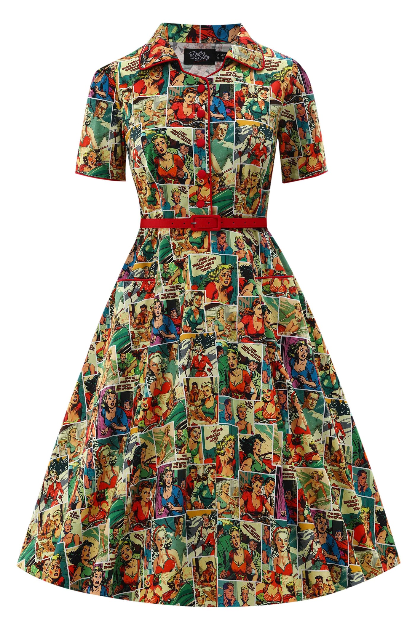 Front view of Comic Book Midi Shirt Dress
