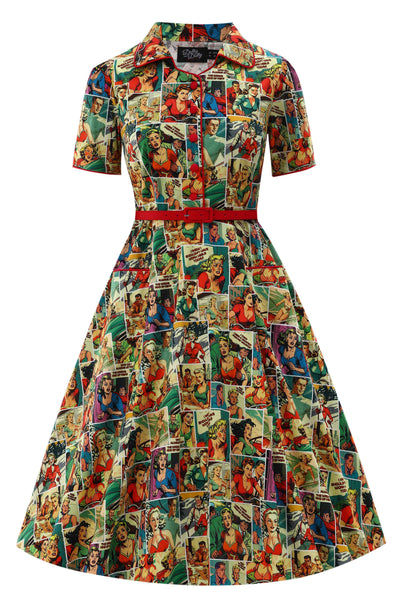 Front view of Comic Book Midi Shirt Dress