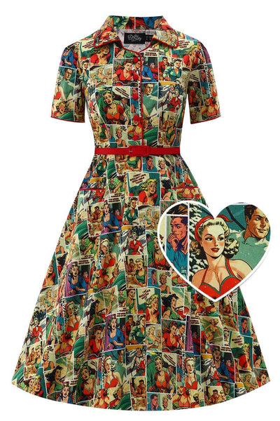 front view of Comic Book Midi Shirt Dress