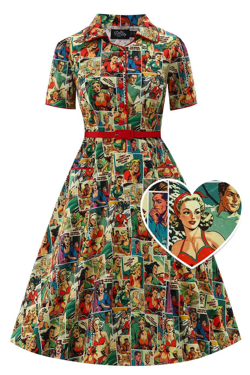 front view of Comic Book Midi Shirt Dress