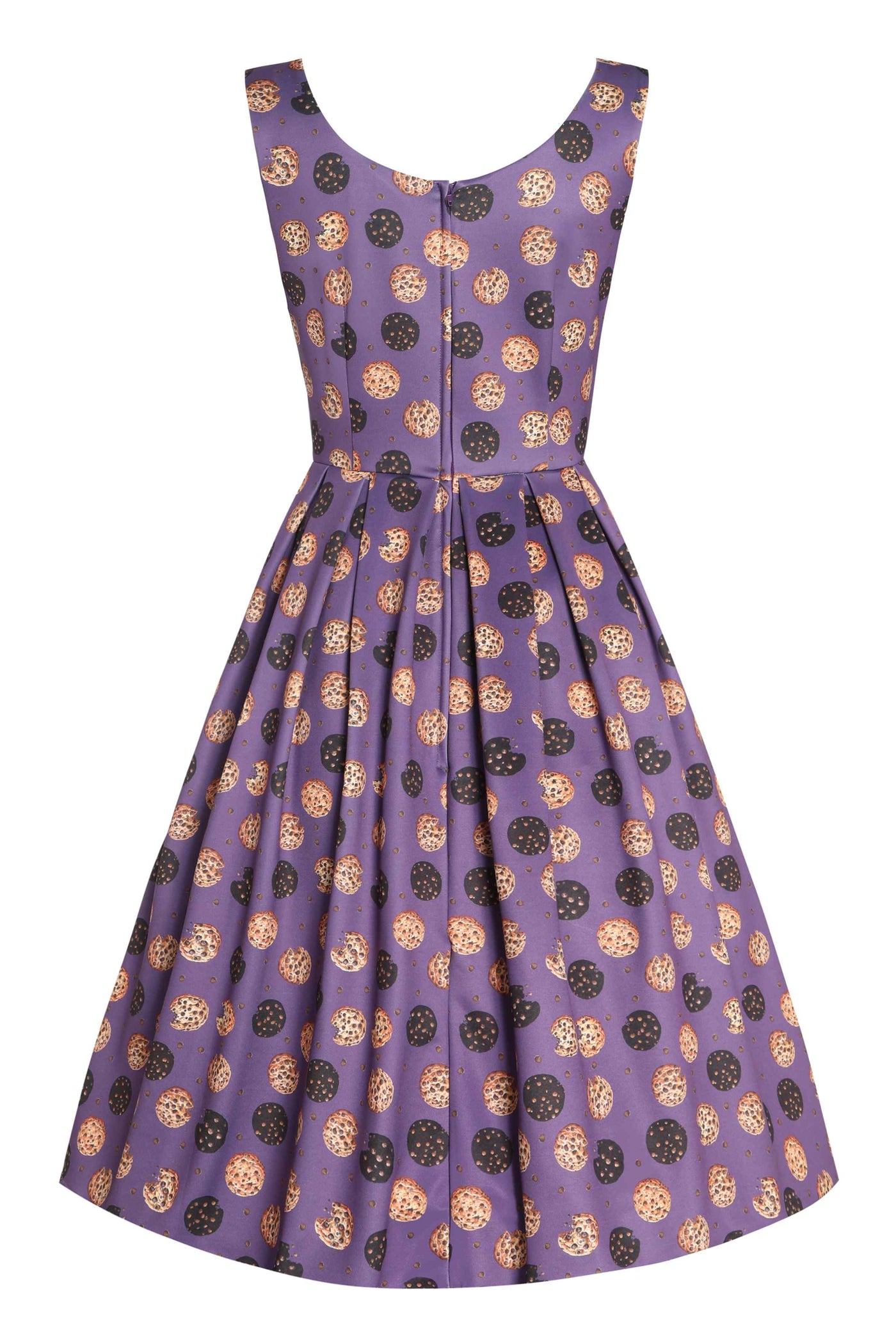 Back view of Purple Retro Flared Dress in Cookie Print