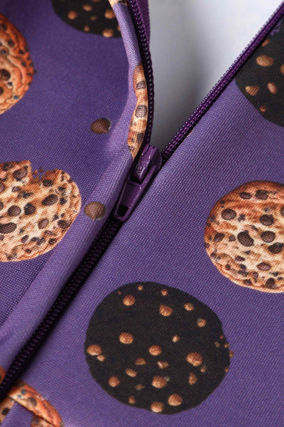 Close up view of Purple Retro Flared Dress in Cookie Print