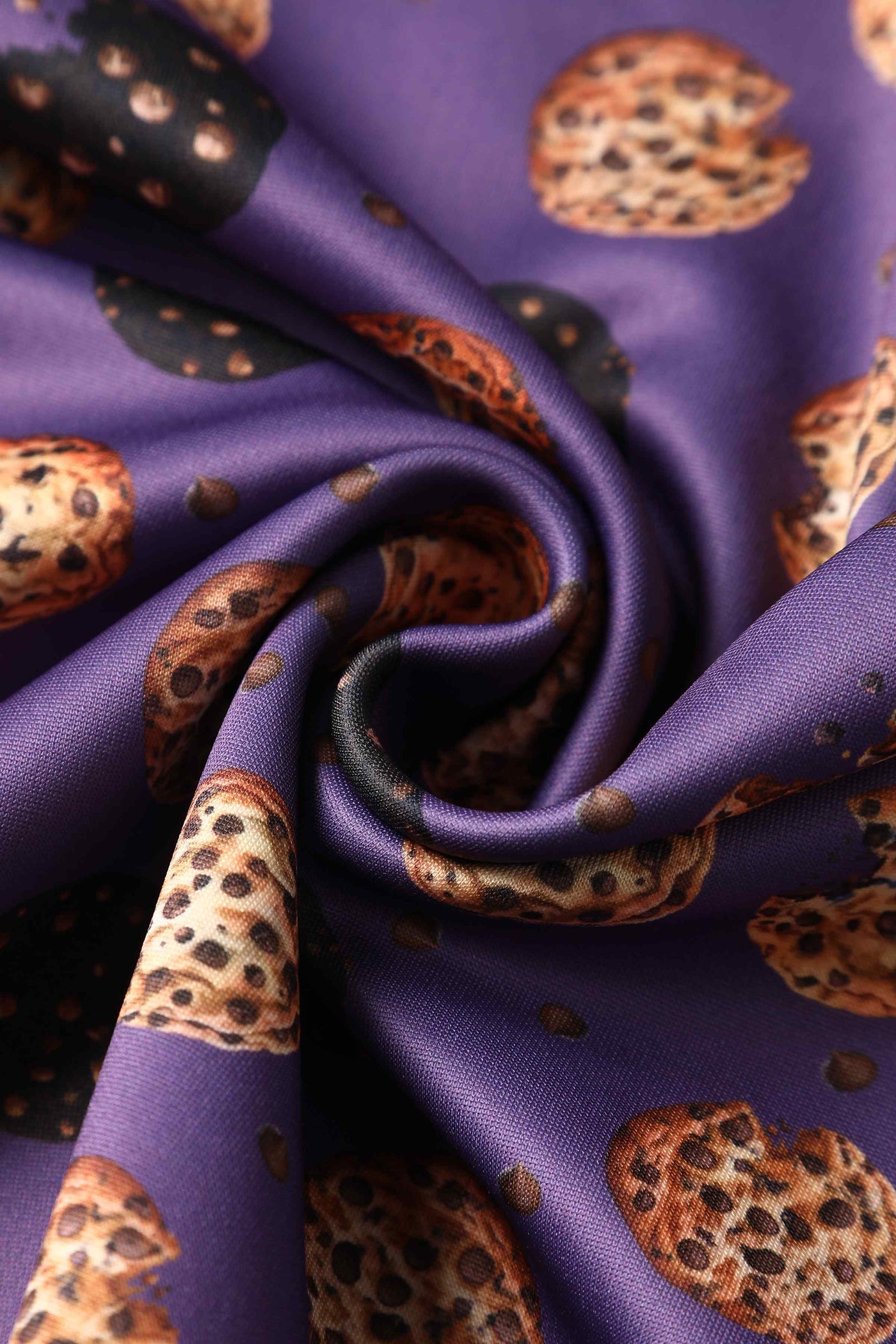 Close up view of Purple Retro Flared Dress in Cookie Print
