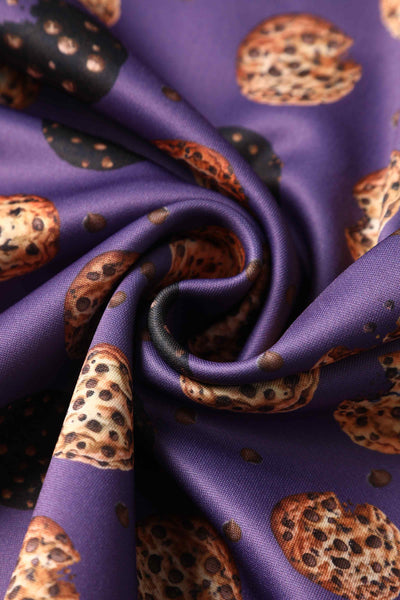Close up view of Purple Retro Flared Dress in Cookie Print