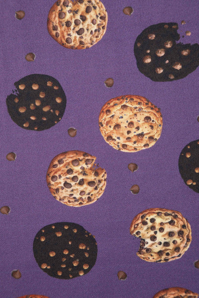 Close up view of Purple Retro Flared Dress in Cookie Print
