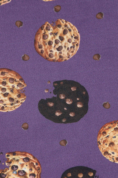 Close up view of Purple Retro Flared Dress in Cookie Print