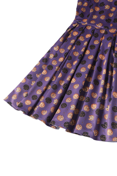 Close up view of Purple Retro Flared Dress in Cookie Print