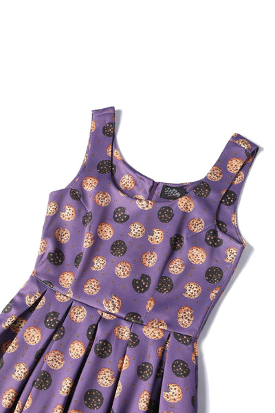 Close up view of Purple Retro Flared Dress in Cookie Print
