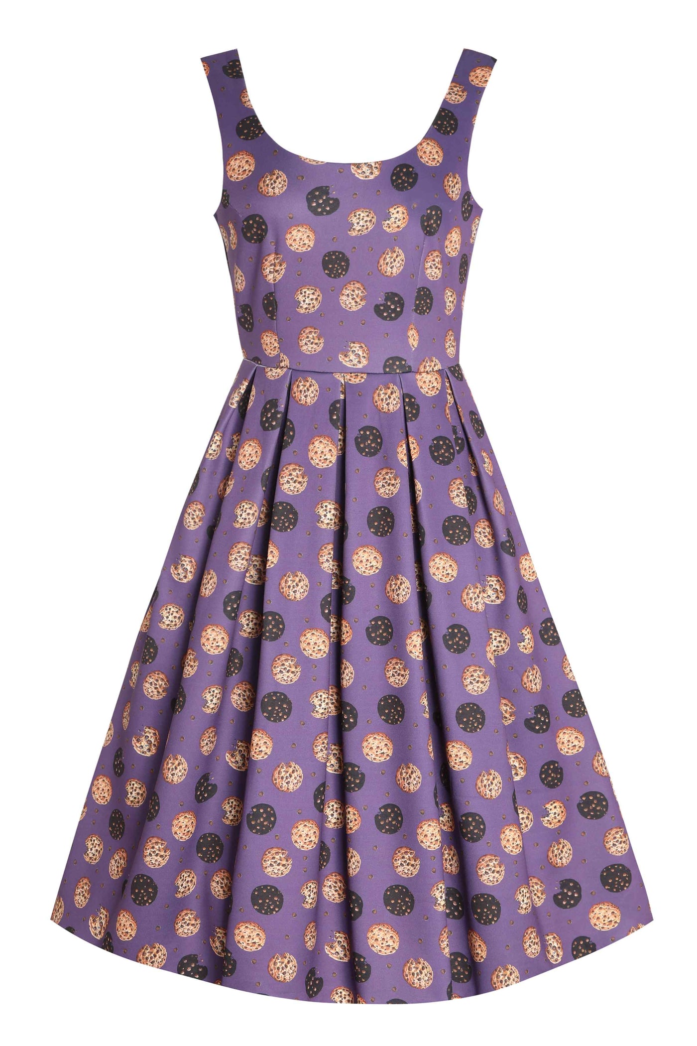 Front view of Purple Retro Flared Dress in Cookie Print