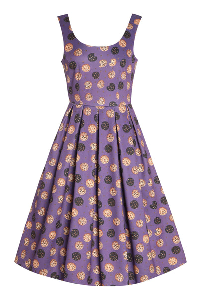 Front view of Purple Retro Flared Dress in Cookie Print