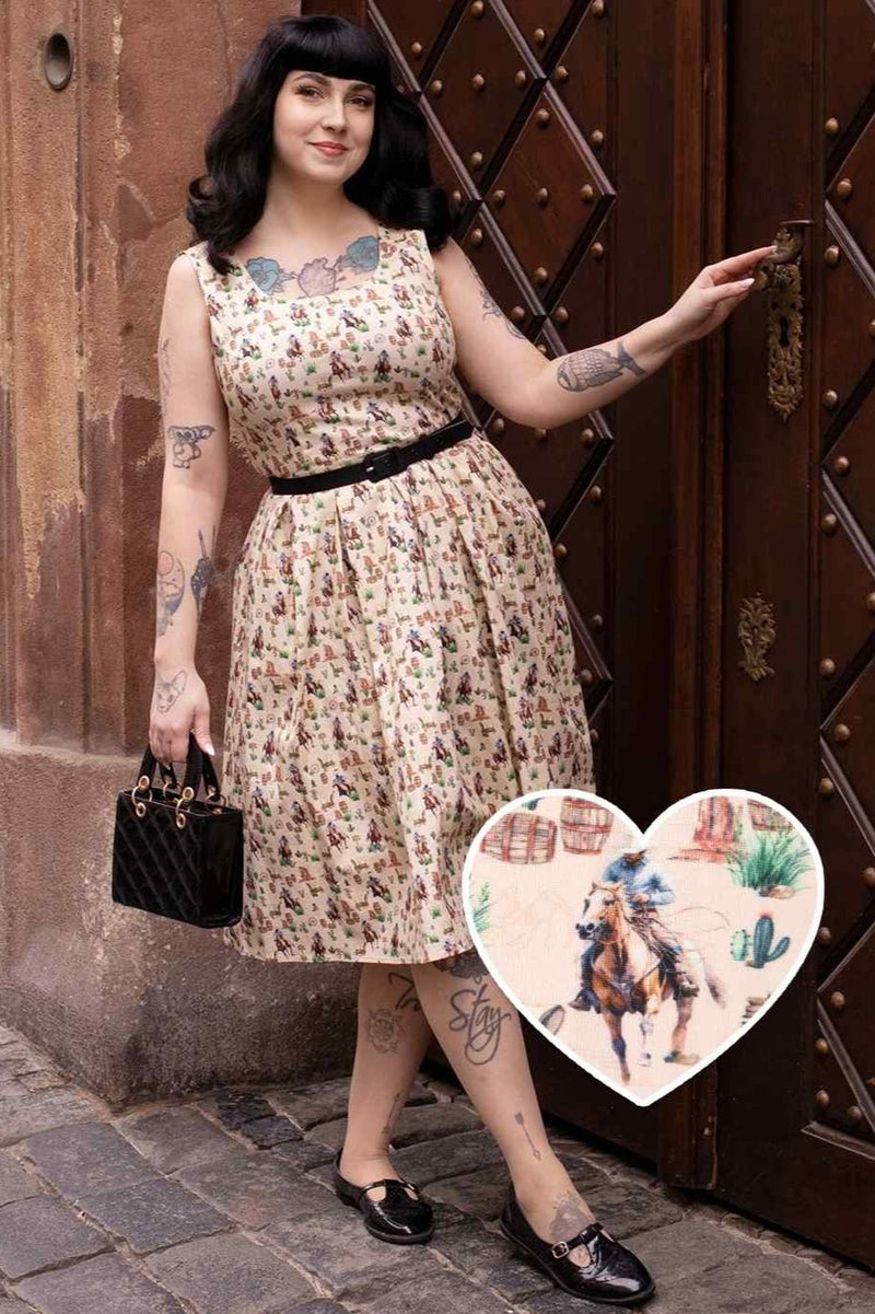 A lady wearing a Cowboy Beige Flared Dress