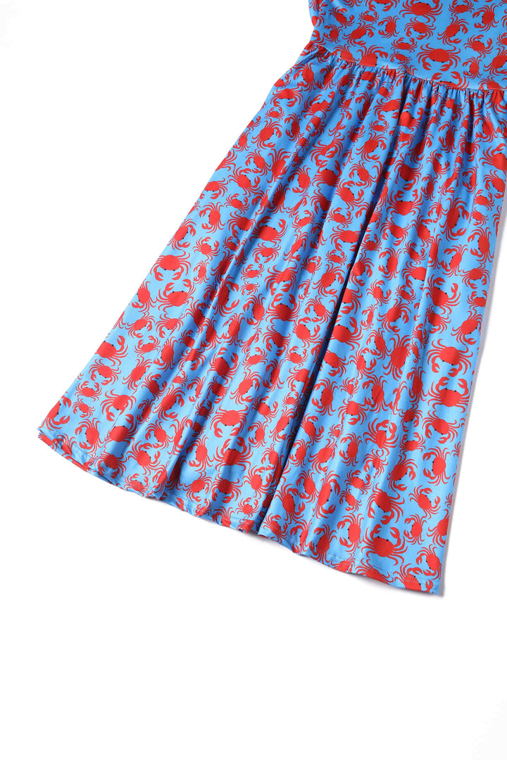 Nautical Blue Crab Print Sleeved Dress