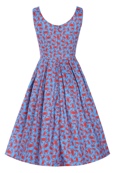 Back View of Crab Print Swing Dress in blue