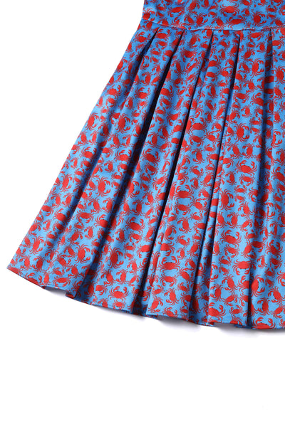 Close up View of Crab Print Swing Dress in blue