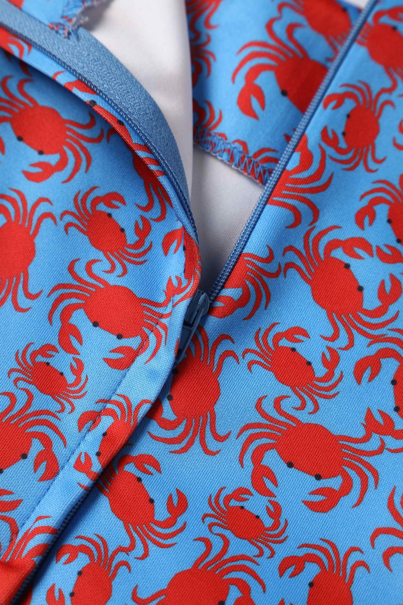 Close up View of Crab Print Swing Dress in blue
